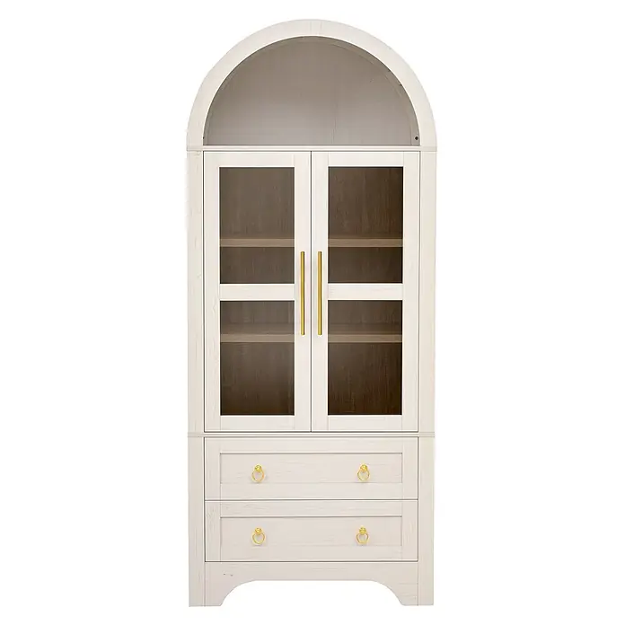 SONNENH Holz-Mehrzweckschrank, MDF und Glas, 76.2 x 40 cm, Weiß -  - Weißer Holzschrank mit Rundbogen, Glastüren, goldenen Griffen und zwei Schubladen mit goldenen Ringzügen.