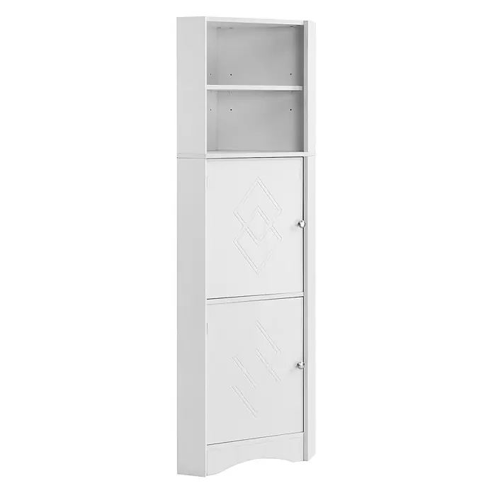 SONNENH Holz-Mehrzweckschrank, Spanplatte, 36.5 x 36.5 cm, Weiß -  - Weißer Eckschrank mit offenen Regalen und zwei Türen mit geschnitzten Rautenmustern.