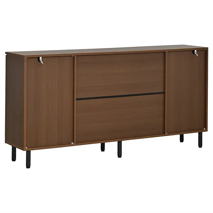 SONNENH Holz-Mehrzweckschrank, Spanplatte, 160 x 35 cm, Walnuss -  - Rückseite eines braunen Holzschranks mit schwarzen Beinen, verschiebbaren Paneelen und Kippsicherungsbeschlägen.