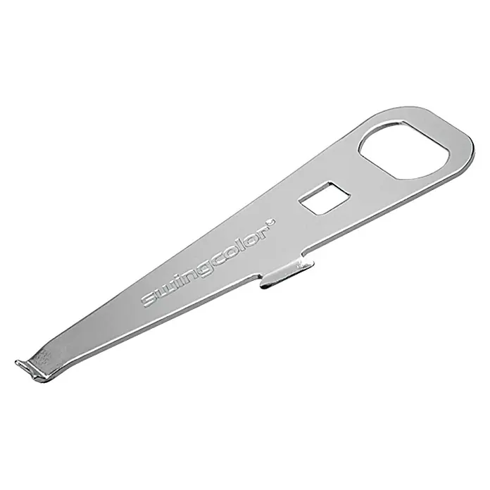 swingcolor Lackdosenöffner - Silber - Nahaufnahme eines silbernen Farbmischwerkzeugs von Swingcolor, das zum Öffnen von Farbdosen entwickelt wurde.