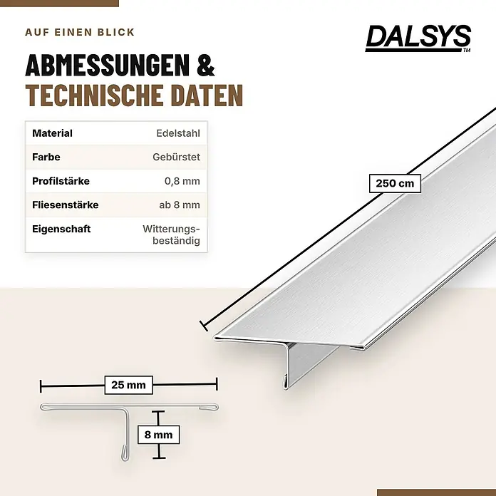 Dalsys T-Profil Fliesenschiene V2A Edelstahl Gebürstet 2,5 m x 25 mm - 