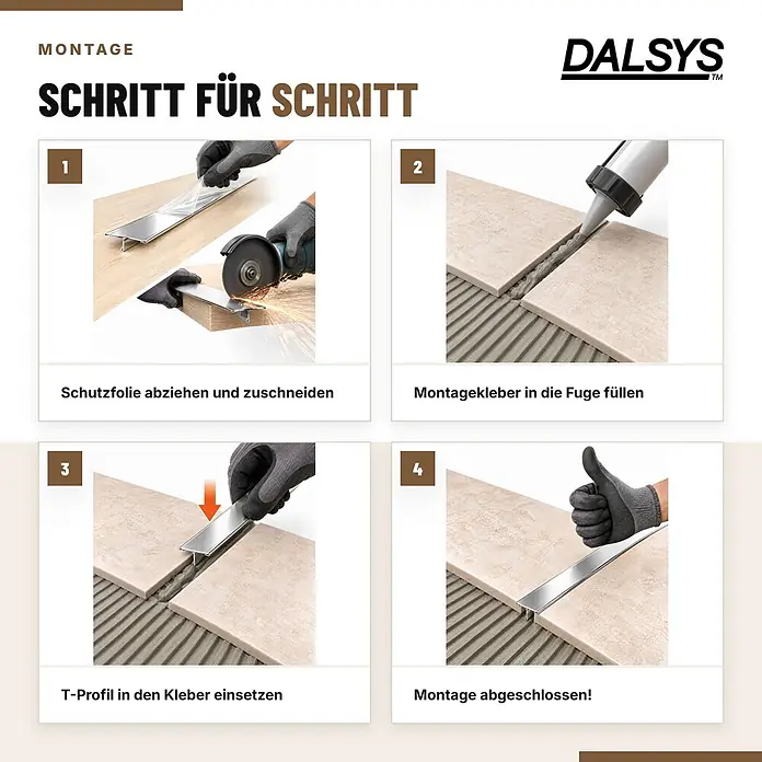 Dalsys T-Profil Fliesenschiene V2A Edelstahl Poliert 2,5 m x 25 mm - 