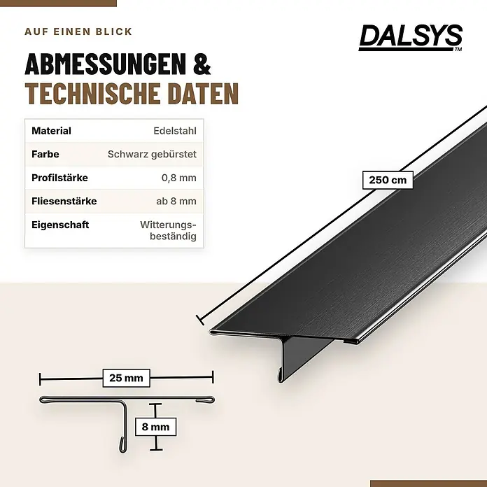 Dalsys T-Profil Fliesenschiene V2A Edelstahl Schwarz 2,5 m x 25 mm - 