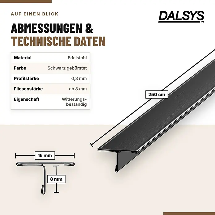 Dalsys T-Profil Fliesenschiene V2A Edelstahl Schwarz 2,5 m x 15 mm - 