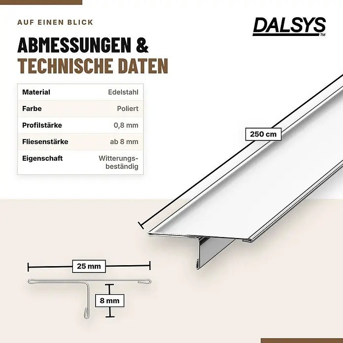 Dalsys T-Profil Fliesenschiene V2A Edelstahl Poliert 2,5 m x 25 mm - 