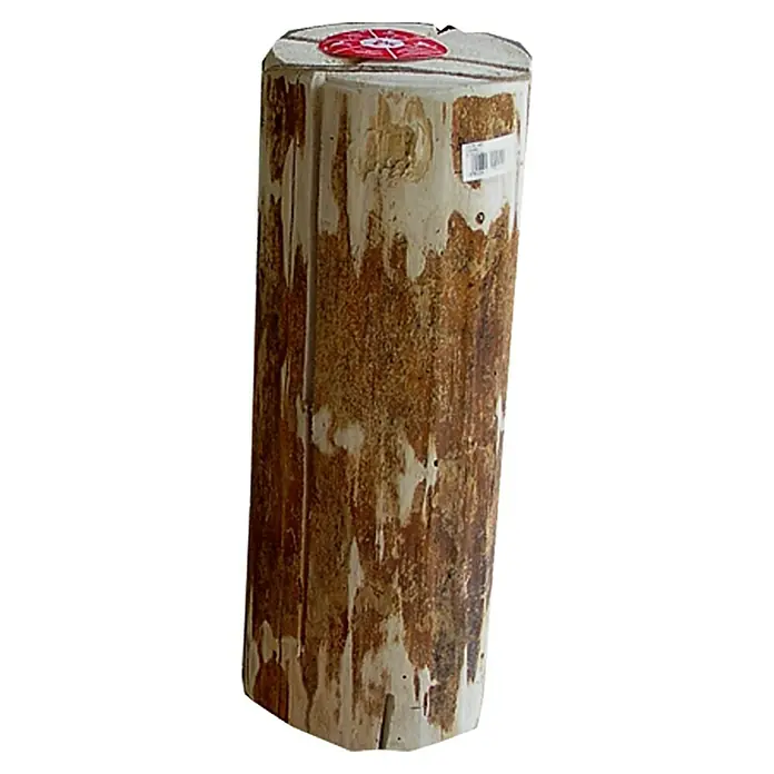 Schwedenfeuer Ecoflame - Ø x H: 12 x 47 cm, Brenndauer ca.: 70 min - 90 min - Ein rustikaler Holzschemel mit einer einzigartigen Maserung und einer roten Markierung oben. Perfekt als Beistelltisch oder dekoratives Element.