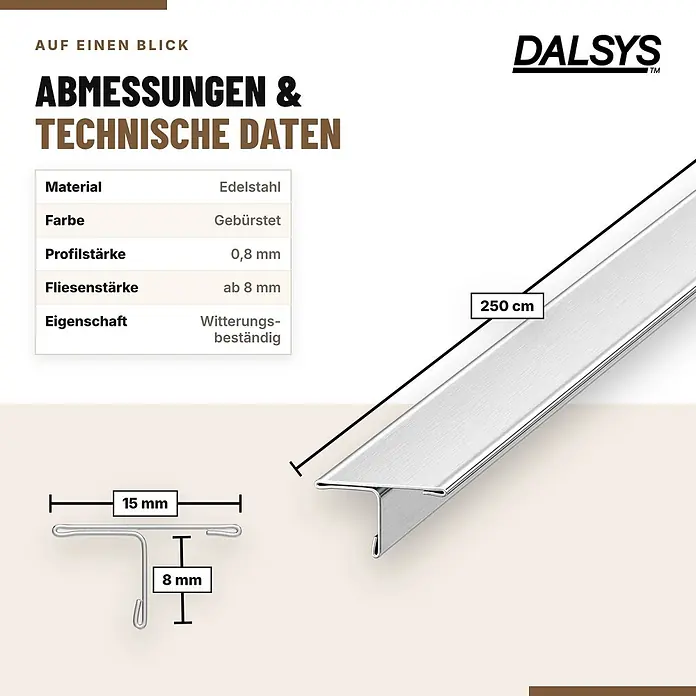 Dalsys Fliesenprofil T-Profil V2A Edelstahl Gebürstet 2,5 m x 15 mm - 