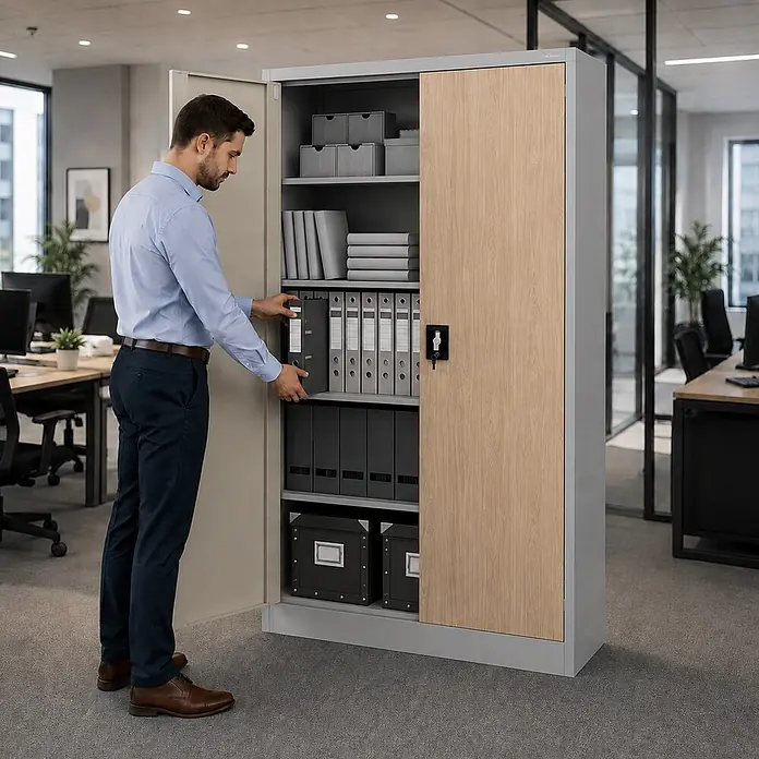 Jan Nowak Metall-Aktenschrank JAN II, 185 x 115 x 40 cm, grau / Eiche Sonoma - 