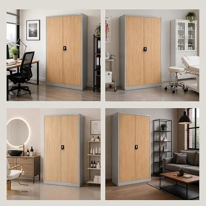 Jan Nowak Metall-Aktenschrank JAN II, 185 x 115 x 40 cm, grau / Eiche Sonoma - 