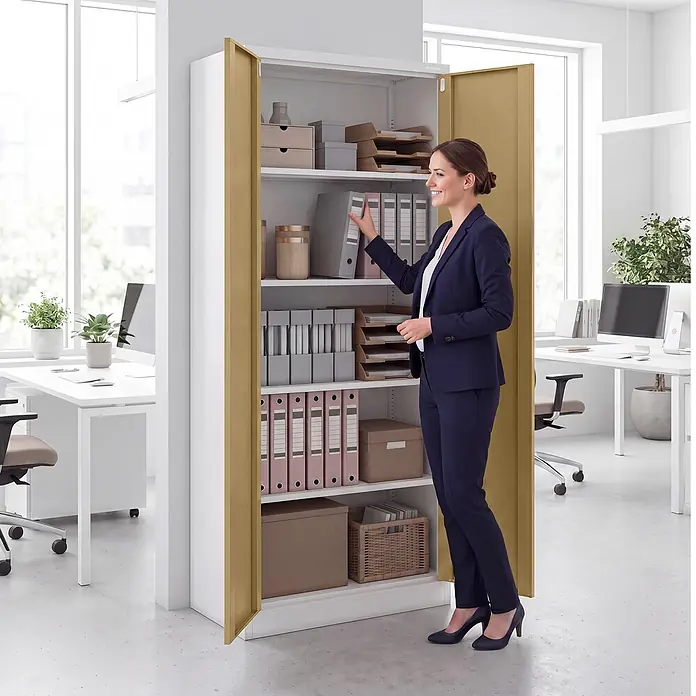Jan Nowak Büro-Aktenschrank JAN H, 195 x 90 x 40 cm, weiß/nussbaum - 