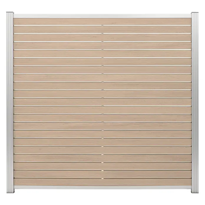 GartenLand WPC Zaun Stockholm Steckzaun Sand-Multicolor Alu Silber -  - Heller Sichtschutzzaun mit Holzlamellen und silbernem Metallrahmen.