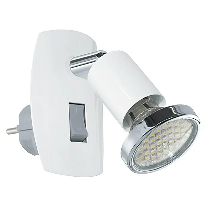 Eglo Mini 4 Steckdosenspot - 3 W, Weiß - Dieses Bild zeigt eine moderne, weiße LED-Wandleuchte mit Chromakzenten und einem praktischen Schalter. Ideal als stilvolle Beleuchtung.
