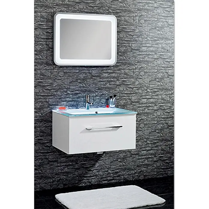 Camargue Stella Waschtischunterschrank - 79,4 x 48,8 x 39 cm, Mit Beleuchtung, Weiß - Modernes Badezimmerwaschbecken mit Spiegel. Das Waschbecken verfügt über eine Glasplatte und eine Schublade.
