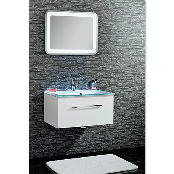 Camargue Stella Waschtischunterschrank - 79,4 x 48,8 x 39 cm, Mit Beleuchtung, Weiß - Modernes Badezimmerwaschbecken mit Spiegel. Das Waschbecken verfügt über eine Glasplatte und eine Schublade.