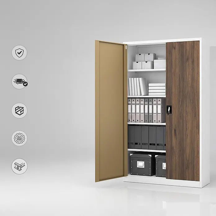 Jan Nowak Metall-Aktenschrank JAN II, 185 x 115 x 40 cm, Weiß/nussbraun - 
