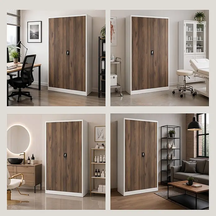 Jan Nowak Metall-Aktenschrank JAN II, 185 x 115 x 40 cm, Weiß/nussbraun - 