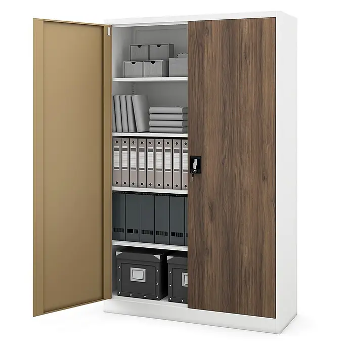 Jan Nowak Metall-Aktenschrank JAN II, 185 x 115 x 40 cm, Weiß/nussbraun - 