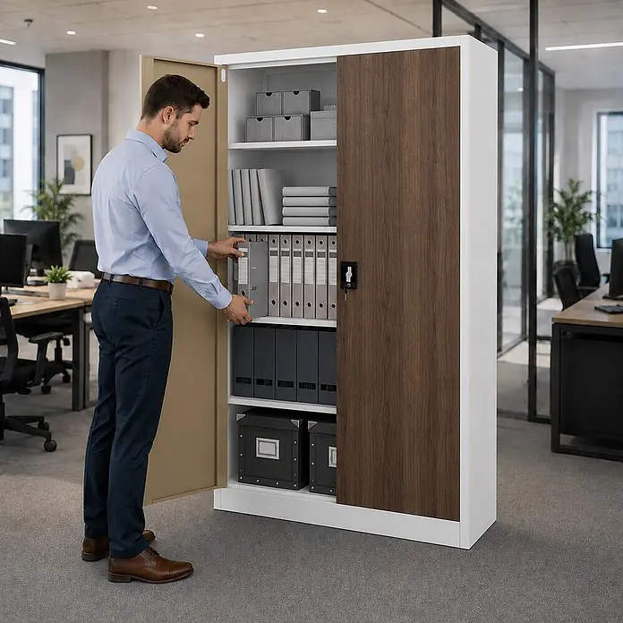 Jan Nowak Metall-Aktenschrank JAN II, 185 x 115 x 40 cm, Weiß/nussbraun - 