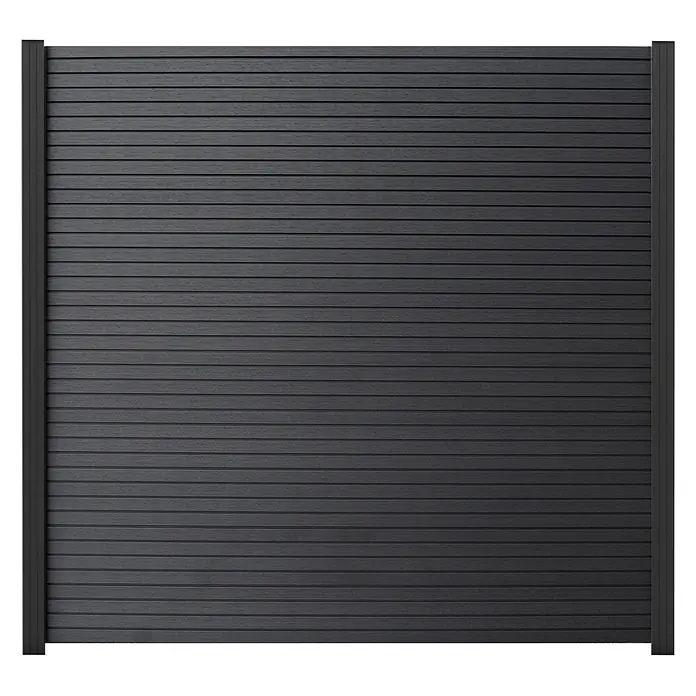 GartenLand WPC Zaun Set Shadowline Sichtschutz Steckzaun Deep Black -  - Dunkelgraues Zaunpaneel aus Verbundwerkstoff mit horizontalen Latten und passenden Pfosten.