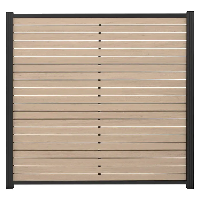 GartenLand WPC Zaun Stockholm Steckzaun Sand-Multicolor Alu Anthrazit -  - Horizontales Lamellen-Sichtschutzelement mit hellbraunen Holzoptik-Lamellen und dunkelgrauem Metallrahmen.
