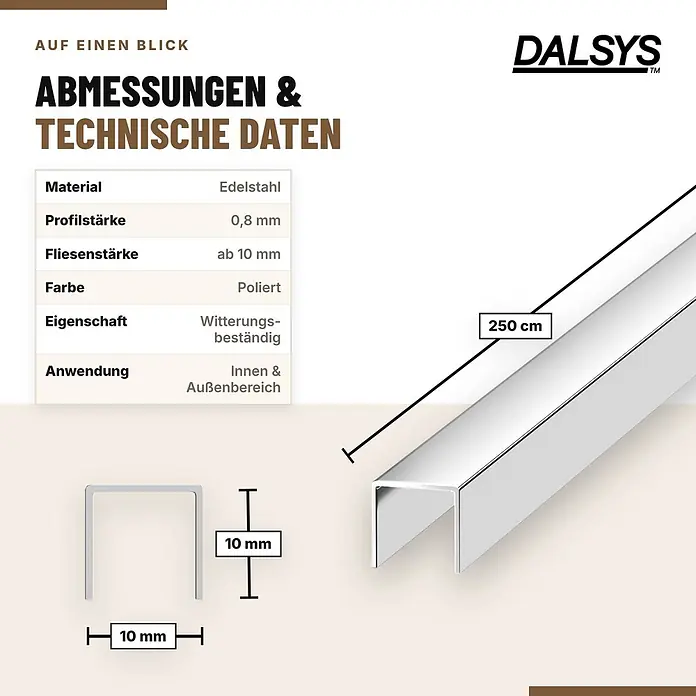 Dalsys Fliesenprofil U Edelstahl V2A Poliert 2,5 m 10 mm - 