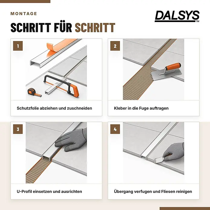 Dalsys Fliesenschiene U Profil V2A Edelstahl Gebürstet 2,5 m x 10 mm - 