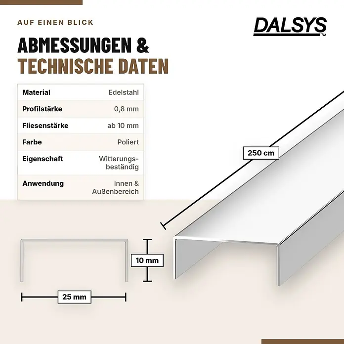 Dalsys Fliesenprofil U-Profil Edelstahl V2A Poliert 2,5 m x 25 mm - 