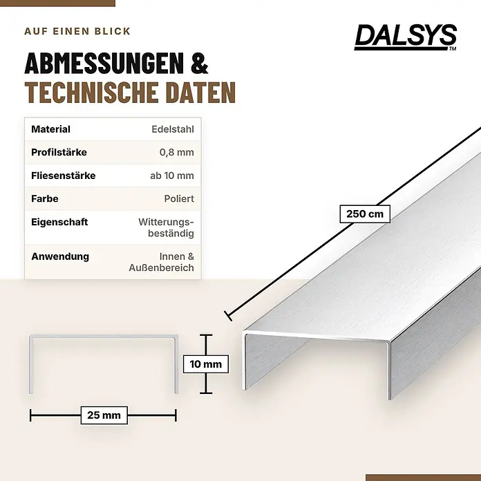 Dalsys Fliesenschiene U Profil V2A Gebürstet 2,5 m x 25 mm - 