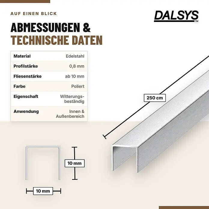 Dalsys Fliesenschiene U Profil V2A Edelstahl Gebürstet 2,5 m x 10 mm - 