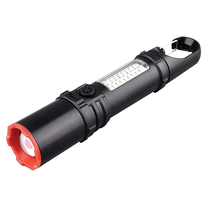 Velamp Taschenlampe -  - Schwarze LED-Taschenlampe mit roter Front, seitlichem COB-Licht, USB-Anschluss und integriertem Haken.