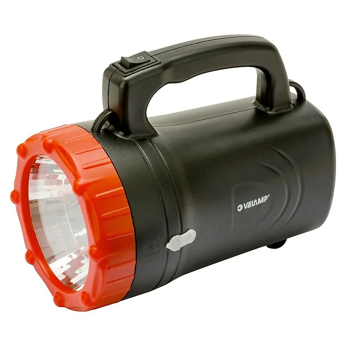 Velamp LED-Strahler Flutlicht - 100 lm, 1 W, Akkubetrieben - Große schwarz-orange Taschenlampe mit Tragegriff, Schalter und Ladeanschluss.