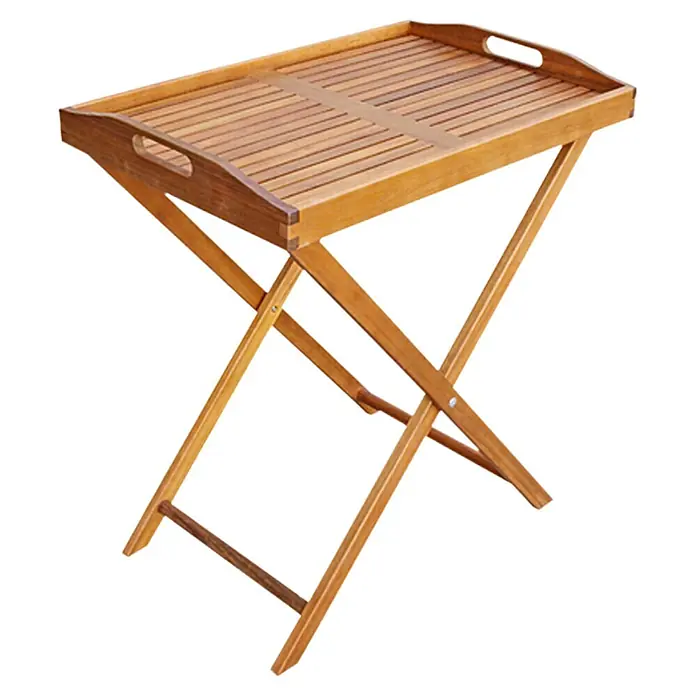 Sunfun Diana Garten-Beistelltisch - L x B x H: 68 x 44 x 73 cm, Naturbraun - Abbildung eines hölzernen Klapptisches mit Tablett, ideal für Frühstück im Bett oder als Beistelltisch.