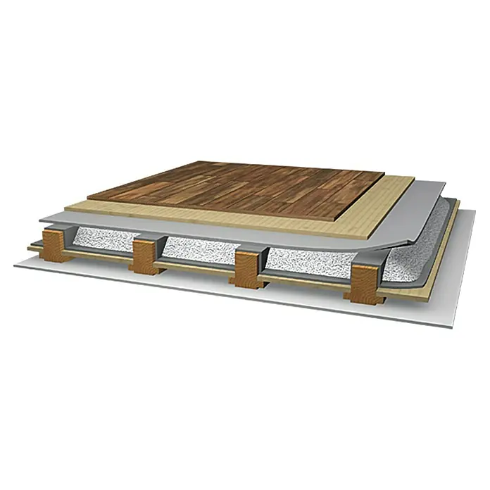 Profi Depot Wärmedämmschüttung DSX 100 - 100 l, Körnung: 2 mm - 4 mm - Querschnittansicht eines Bodenbelags mit Holzbalken, Dämmung, Unterlagsboden und Holzboden, die zusammen einen komfortablen und isolierten Boden bilden.