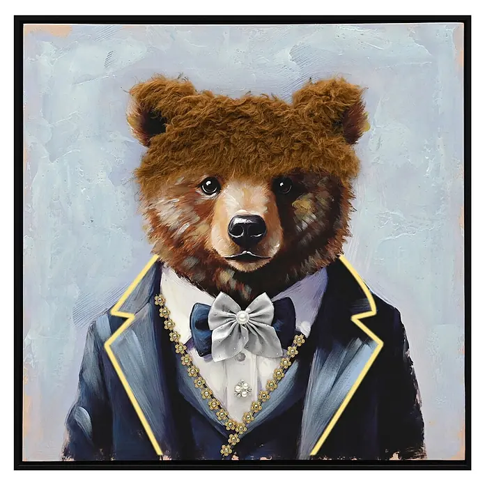 BHP Leinwandbild George - Bär mit eleganten Anzug, B x H: 55 x 55 cm - Gemälde eines eleganten Bären im dunklen Anzug mit hellblauer Fliege und Goldkette, vor hellblauem Hintergrund.
