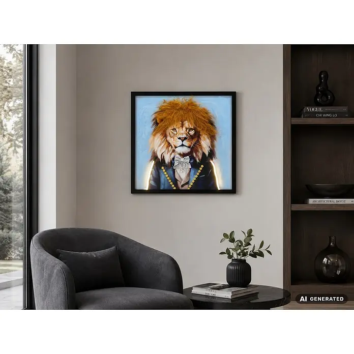 BHP Leinwandbild George - Löwe im Anzug, B x H: 52 x 52 cm - Gerahmter Kunstdruck eines Löwen im Anzug, der über einem dunklen Sessel hängt und ein stilvolles Wohnzimmer aufwertet.