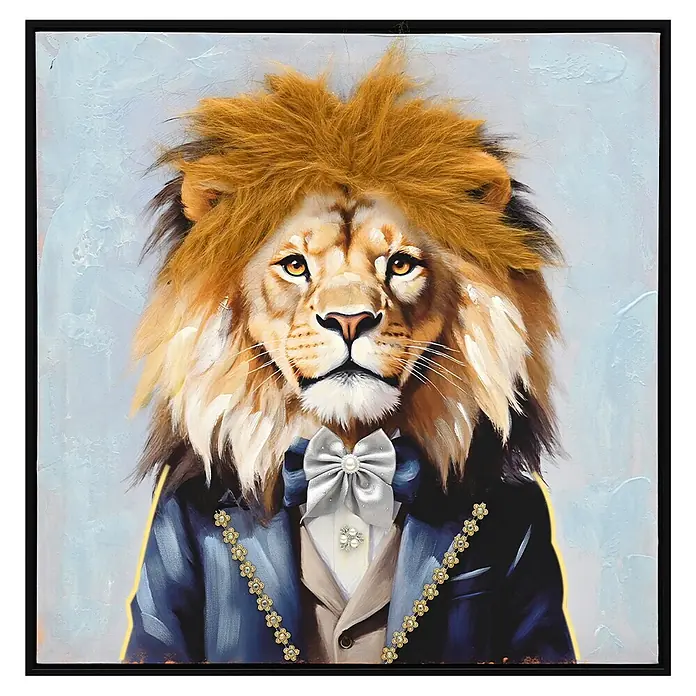 BHP Leinwandbild George - Löwe im Anzug, B x H: 52 x 52 cm - Gemälde eines Löwen in blauem Anzug und silberner Fliege.