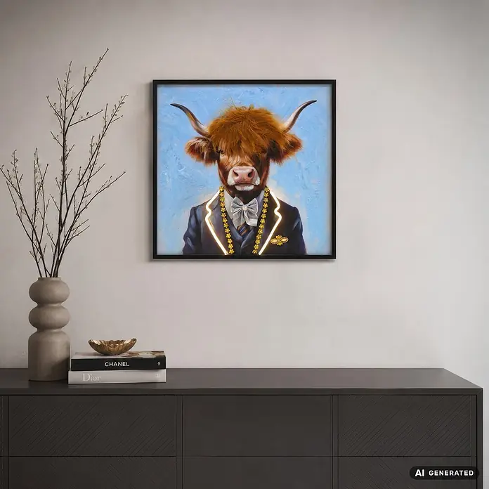 BHP Leinwandbild - Stier im Anzug, B x H: 55 x 55 cm - Ein gerahmtes Gemälde einer Highland-Kuh im Anzug mit Goldketten, an einer hellen Wand über einem dunklen Sideboard in einem modernen Raum.