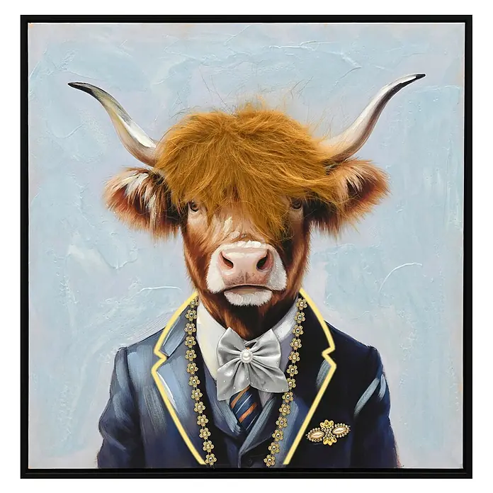 BHP Leinwandbild - Stier im Anzug, B x H: 55 x 55 cm - Gemälde mit einem stilvollen Hochlandrind im blauen Anzug, weißer Fliege und Perlenkette.