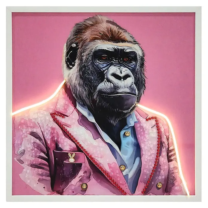 BHP Leinwandbild George - Gorilla im Anzug, B x H: 62 x 62 cm - Weiß gerahmter Kunstdruck eines Gorillas in einem glitzernden pinken Anzug mit leuchtender Neonkontur vor pinkem Hintergrund.