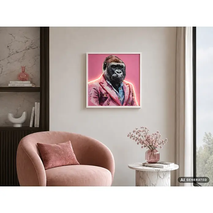 BHP Leinwandbild George - Gorilla im Anzug, B x H: 62 x 62 cm - Kunstwerk eines Gorillas im pinken Anzug über einem Plüschsessel, neben einem Marmortisch mit pinken Blumen in einem hellen Raum.
