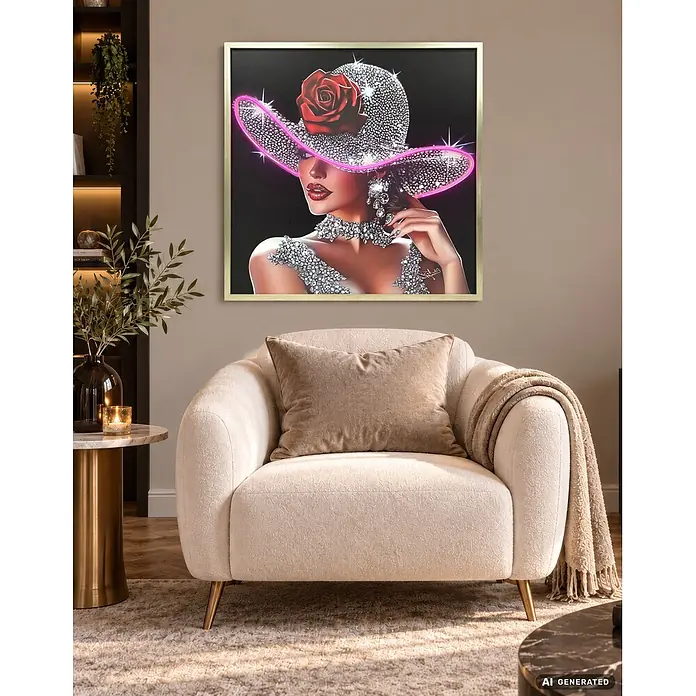 BHP Leinwandbild George - Frau mit Hut, B x H: 80 x 80 cm - Ein cremefarbener, texturierter Sessel mit goldenen Beinen, passendem Kissen und einer Decke, in einem gemütlichen Wohnzimmer neben einem Beistelltisch und Kunstwerk.