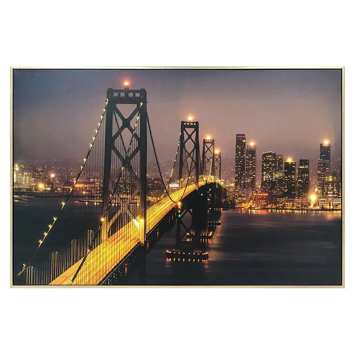 BHP Leinwandbild George - Brücke, B x H: 60 x 90 cm - Gerahmter Druck der San Francisco Bay Bridge und Stadtsilhouette bei Nacht, leuchtend mit goldenen Lichtern.