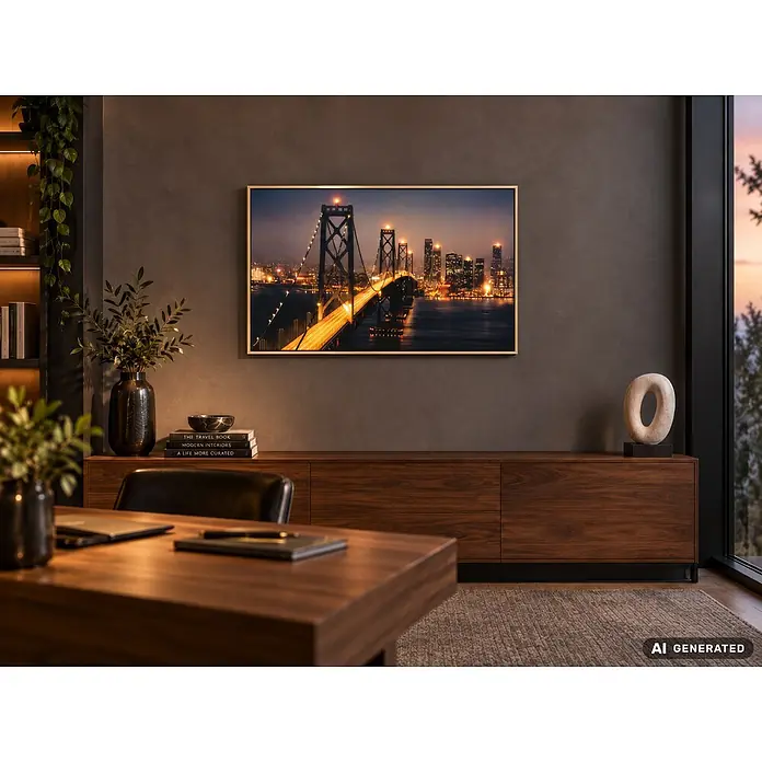 BHP Leinwandbild George - Brücke, B x H: 60 x 90 cm - Ein gerahmter Fernseher mit goldenem Rahmen, der eine Brücke bei Nacht zeigt, über einer Holzkonsole an einer dunklen Wand.