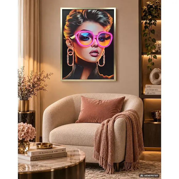 BHP Leinwandbild George - Frau mit Brille, B x H: 60 x 80 cm - Gerahmtes Kunstwerk einer Frau in neonpinker Herzsonnenbrille über einem cremefarbenen Sessel in einem stilvollen Raum.