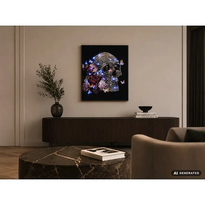 Globo Leinwandbild Capra - Totenkopf, B x H: 70 x 90 cm - Ein gerahmtes LED-Kunstwerk mit einem leuchtenden, verzierten Totenkopf, Blumen und Schmetterlingen über einem dunklen Konsolentisch in einem modernen Wohnzimmer.