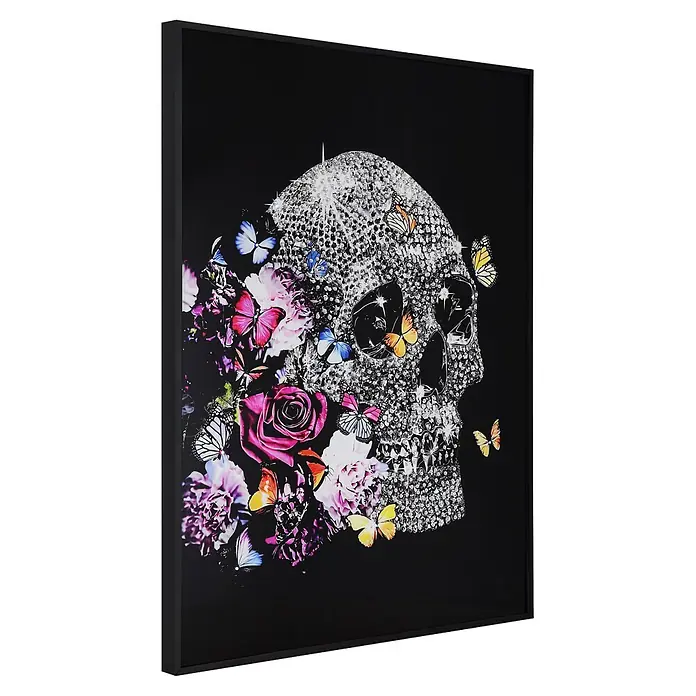 Globo Leinwandbild Capra - Totenkopf, B x H: 70 x 90 cm - Gerahmtes Bild mit einem Totenkopf aus glitzernden Edelsteinen und Perlen, verziert mit farbenfrohen Blumen und Schmetterlingen auf schwarzem Hintergrund.