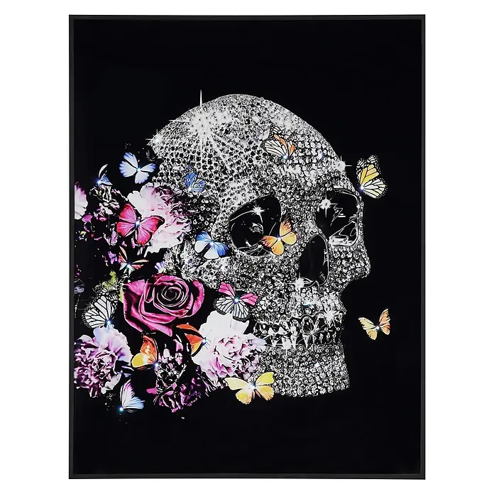 Globo Leinwandbild Capra - Totenkopf, B x H: 70 x 90 cm - Glitzernder Kristallschädel, verziert mit farbigen Blumen und Schmetterlingen.