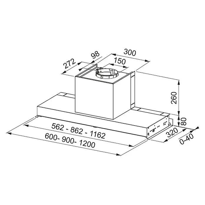 Mepamsa Campana integrable Secret 60 - Ancho: 60 cm, 570 m³/h, Negro - Dibujo técnico de una campana extractora de cocina con dimensiones detalladas.