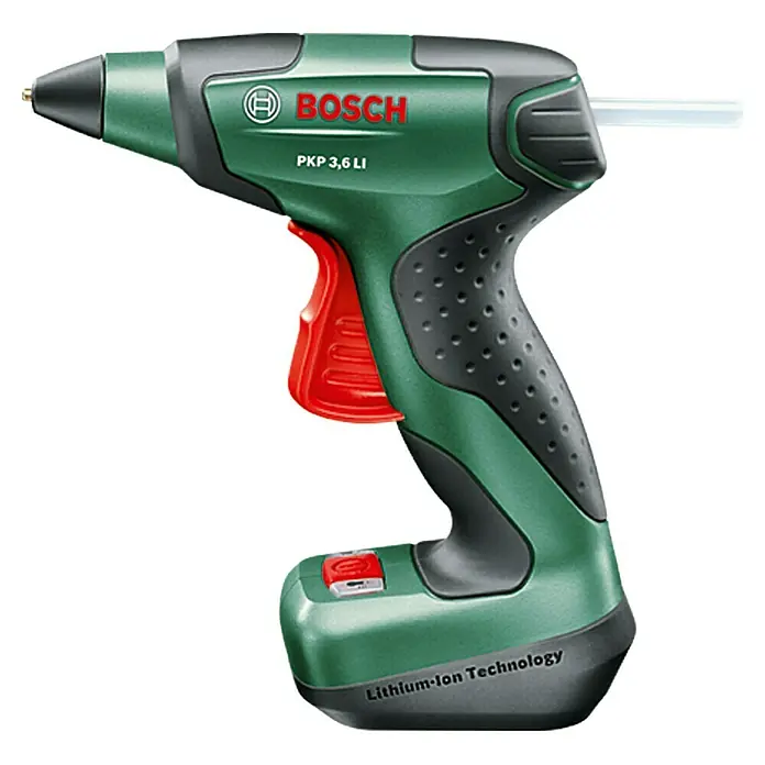 Bosch Pistola termoadhesiva de batería PKP 3,6 LI - 3,6 V, Iones de litio, 1,5 Ah, Diámetro cartucho de cola: 7 mm - Imagen de una pistola de encolar inalámbrica Bosch PKP 3.6 LI en verde y negro. Una herramienta útil para proyectos de bricolaje y manualidades.