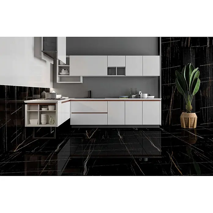 Feinsteinzeugfliese ELEGANCE BLACK – 60 x 120 cm, Marmoroptik, Brillant - 